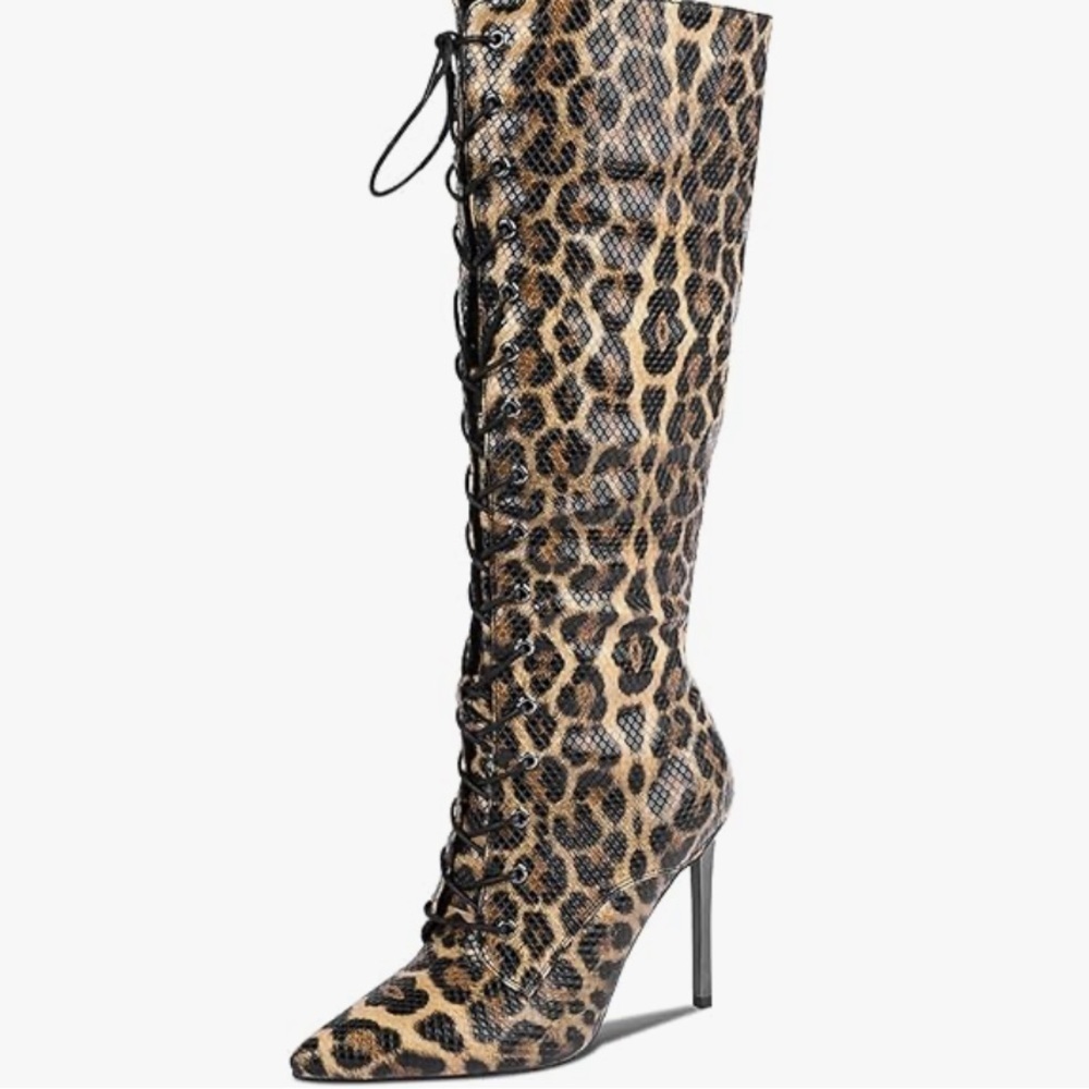 Women’s Size 6 leopard print knee high stiletto lace up zipper boots